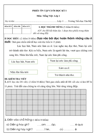Phiếu Ôn tập Cuối học kì I môn Tiếng Việt Lớp 1 Năm học 2023-2024 (Trường TH Tân Mỹ)