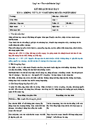 Kế hoạch bài dạy Đạo Đức 1 - Tuần 23 - Bài 21. Không tự ý lấy và sử dụng đồ của người khác 2026-2027 (Tích hợp Năng lực số và AI)