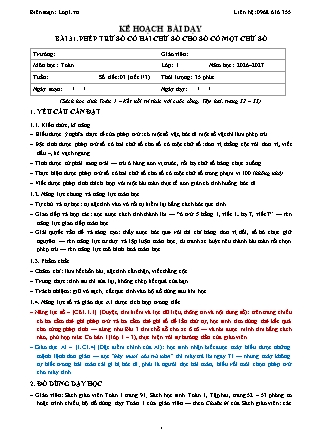 Kế hoạch bài dạy Toán 1 - Bài 31. Phép trừ số có hai chữ số cho số có một chữ số - Năm học 2026-2027 (Tích hợp Năng lực số và AI)