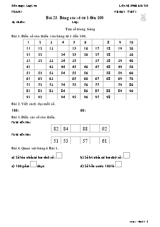Phiếu Bài tập hằng ngày Toán Lớp 1 - Bài 23. Bảng các số từ 1 đến 100 - Kết nối tri thức (Năm học 2026-2027)