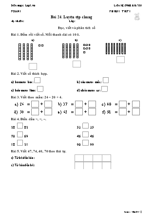 Phiếu Bài tập hằng ngày Toán Lớp 1 - Bài 24. Luyện tập chung - Kết nối tri thức (Năm học 2026-2027)