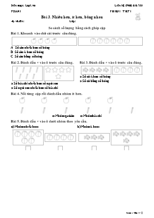 Phiếu Bài tập hằng ngày Toán Lớp 1 - Bài 3. Nhiều hơn, ít hơn, bằng nhau - Kết nối tri thức (Năm học 2026-2027)
