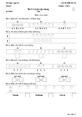 Phiếu Bài tập hằng ngày Toán Lớp 1 - Bài 6. Luyện tập chung - Kết nối tri thức (Năm học 2026-2027)