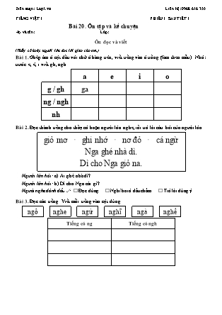 Phiếu Bài tập hằng ngày Tiếng Việt 1 - Bài 20. Ôn tập và kể chuyện - Kết nối tri thức (Năm học 2026-2027)