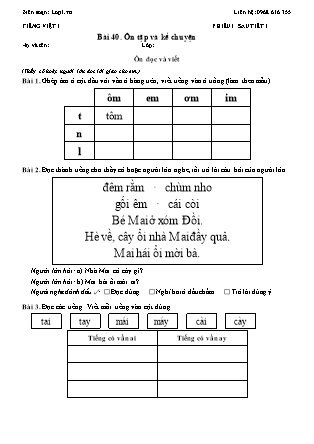 Phiếu Bài tập hằng ngày Tiếng Việt 1 - Bài 40. Ôn tập và kể chuyện - Kết nối tri thức (Năm học 2026-2027)